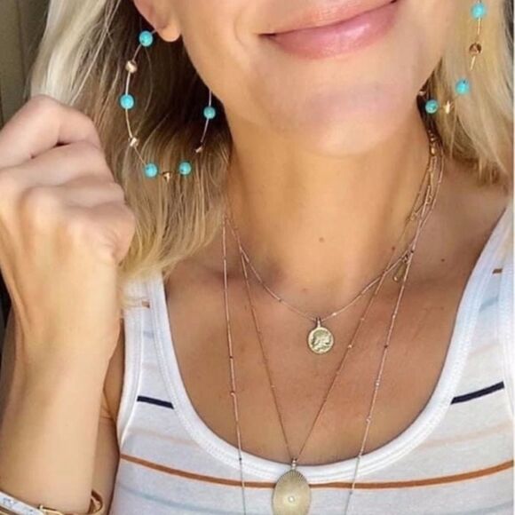 Stella & Dot Madison Hoop Earrings Turquoise Gold Plated 2.5″ - Picture 2 of 9